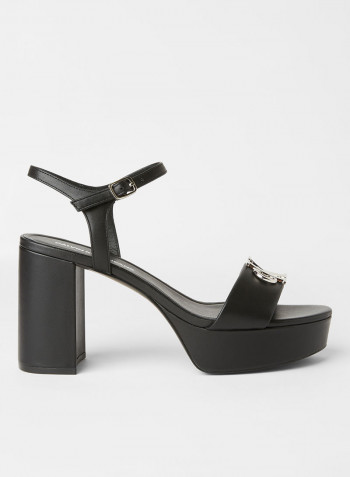 Monogram Applique Block Heel Sandals Black