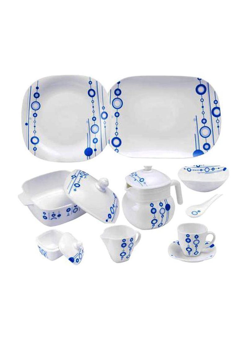 17-Piece Opal Hard Square Dinner Set White/Blue Serving Plate 3x14, Dinner Plates 12x11.5, Soup Plates 12x9, Dessert Plates 12x8.5, Serving Bowls 3x9, Salad Bowls 12x6.5, Soup Spoons 12x5.5inch