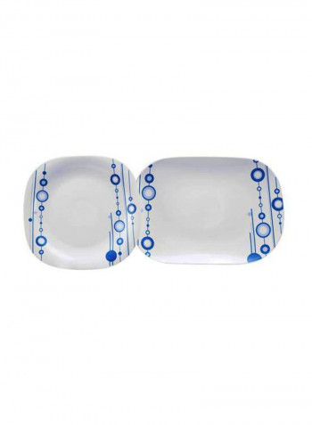 17-Piece Opal Hard Square Dinner Set White/Blue Serving Plate 3x14, Dinner Plates 12x11.5, Soup Plates 12x9, Dessert Plates 12x8.5, Serving Bowls 3x9, Salad Bowls 12x6.5, Soup Spoons 12x5.5inch