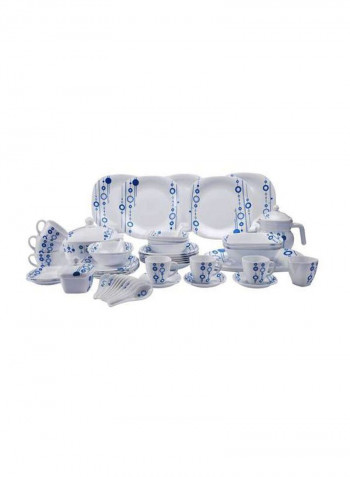 17-Piece Opal Hard Square Dinner Set White/Blue Serving Plate 3x14, Dinner Plates 12x11.5, Soup Plates 12x9, Dessert Plates 12x8.5, Serving Bowls 3x9, Salad Bowls 12x6.5, Soup Spoons 12x5.5inch