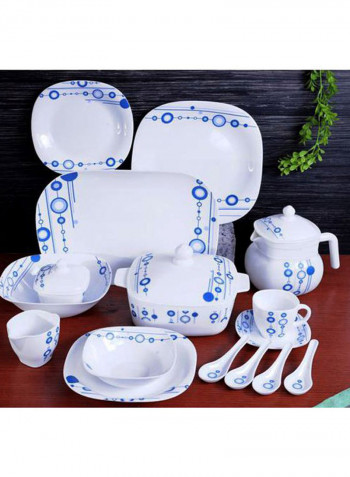 17-Piece Opal Hard Square Dinner Set White/Blue Serving Plate 3x14, Dinner Plates 12x11.5, Soup Plates 12x9, Dessert Plates 12x8.5, Serving Bowls 3x9, Salad Bowls 12x6.5, Soup Spoons 12x5.5inch