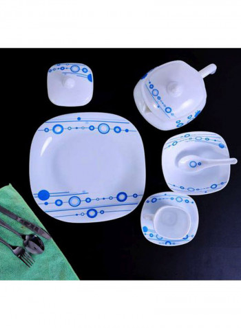 17-Piece Opal Hard Square Dinner Set White/Blue Serving Plate 3x14, Dinner Plates 12x11.5, Soup Plates 12x9, Dessert Plates 12x8.5, Serving Bowls 3x9, Salad Bowls 12x6.5, Soup Spoons 12x5.5inch
