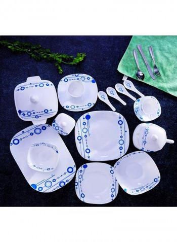 17-Piece Opal Hard Square Dinner Set White/Blue Serving Plate 3x14, Dinner Plates 12x11.5, Soup Plates 12x9, Dessert Plates 12x8.5, Serving Bowls 3x9, Salad Bowls 12x6.5, Soup Spoons 12x5.5inch