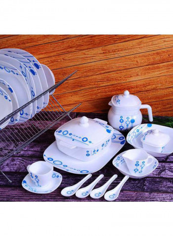 17-Piece Opal Hard Square Dinner Set White/Blue Serving Plate 3x14, Dinner Plates 12x11.5, Soup Plates 12x9, Dessert Plates 12x8.5, Serving Bowls 3x9, Salad Bowls 12x6.5, Soup Spoons 12x5.5inch
