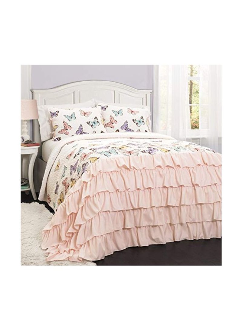 2-Piece Flutter Butterfly Printed Quilts Set Polyester White/Pink/Brown 86x68x0.5inch