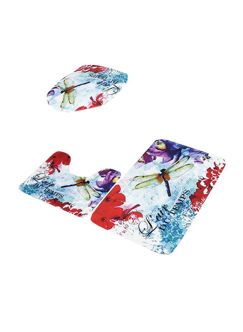 3-Piece Floral Printed Bath Mat Set White/Blue/Red