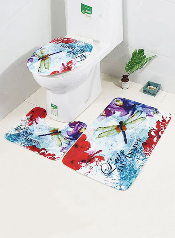 3-Piece Floral Printed Bath Mat Set White/Blue/Red