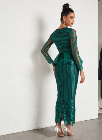 Plunge Neck Peplum Lace Dress Green