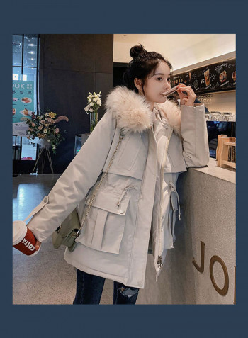 Slim Warm Hooded Wool Collar Jacket Beige