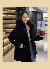 Slim Warm Hooded Wool Collar Jacket For Women Black