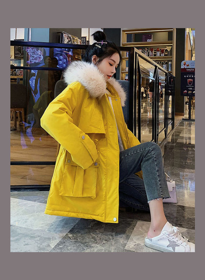 Slim Warm Hooded Wool Collar Jacket For Women Yellow
