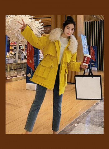 Slim Warm Hooded Wool Collar Jacket For Women Yellow