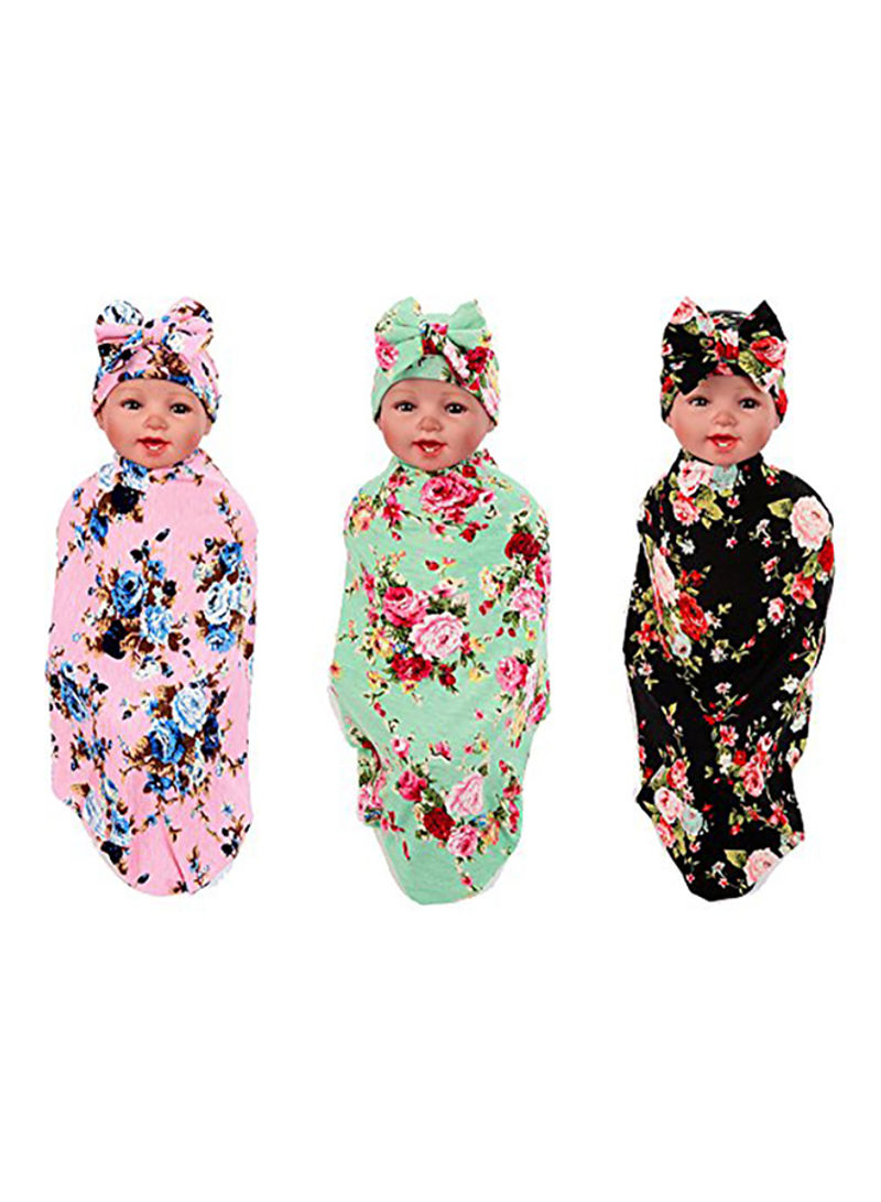 3-Piece Floral Printed Swaddle Blanket With Headband Set