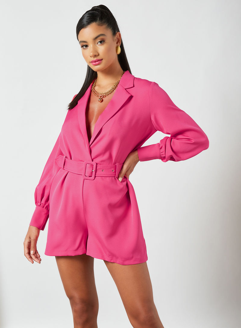 Belted Long Sleeve Playsuit Pink