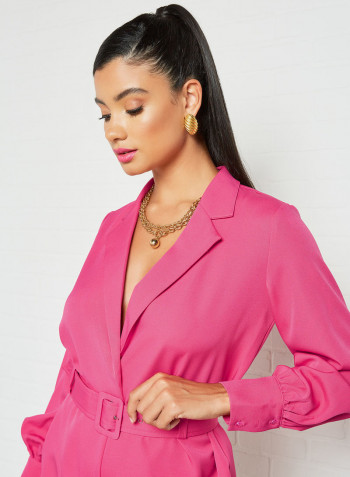 Belted Long Sleeve Playsuit Pink