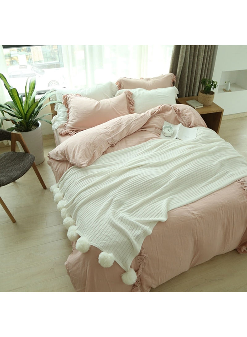 Fur Pompoms Solid Color Soft Throw Blanket Cotton White 150x200centimeter