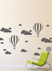 Simple Cartoon Hot Air Balloons Clouds Pattern Wall Sticker Grey