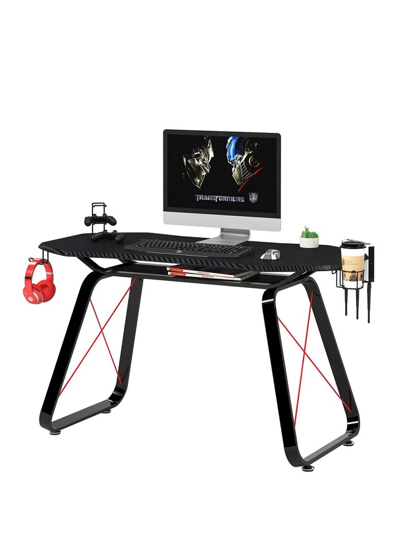 Rock Pow Racing Style Gaming Table Carbon Fiber PVC On MDF with Gear Hook, Cup and Controller Holder Black