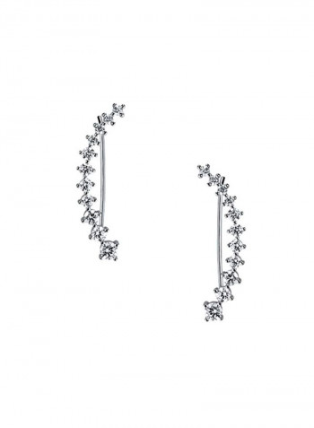 Rhodium Plated 925 Sterling Silver Cubic Zirconia Studded Long Curve Ear Pins