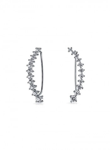 Rhodium Plated 925 Sterling Silver Cubic Zirconia Studded Long Curve Ear Pins