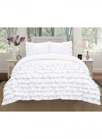 3-Piece Water Fall Half Ruffled Duvet Set Cotton White 86 x 90inch
