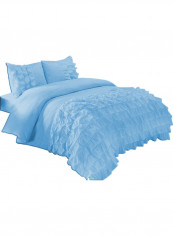 3 Piece Water fall Half Ruffled Duvet Set Solid Cotton Light Blue 102x86inch