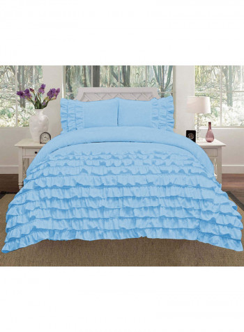 3 Piece Water fall Half Ruffled Duvet Set Solid Cotton Light Blue 102x86inch