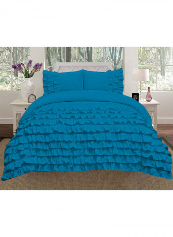 3-Piece Ruffled Duvet Set Cotton Blue 102 X 86inch