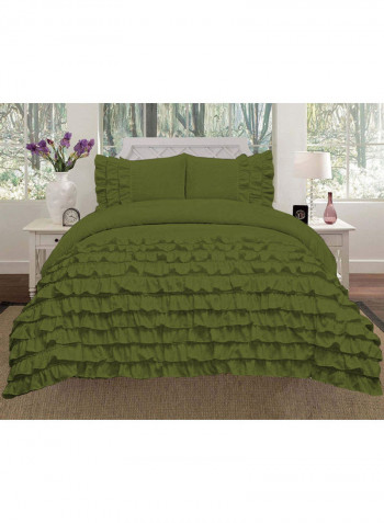 3-Piece Water Fall Half Ruffled Duvet Set Cotton Dark Green 86 x 90inch