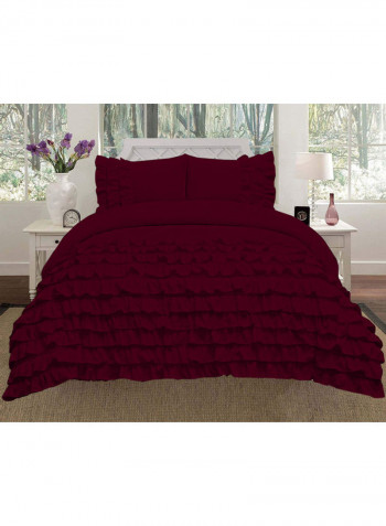 3-Piece Water Fall Half Ruffled Duvet Set Cotton Dark Red 53 x 78inch