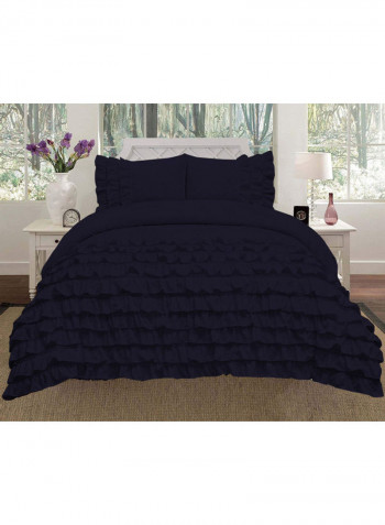 3-Piece Water Fall Half Ruffled Duvet Set Cotton Navy Blue 86 x 90inch