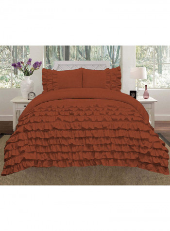 3-Piece Ruffled Duvet Set Cotton Brown 86 X 90inch
