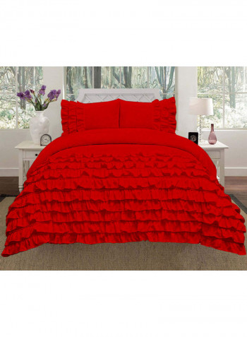 3-Piece Ruffled Duvet Set Cotton Red 102 X 86inch