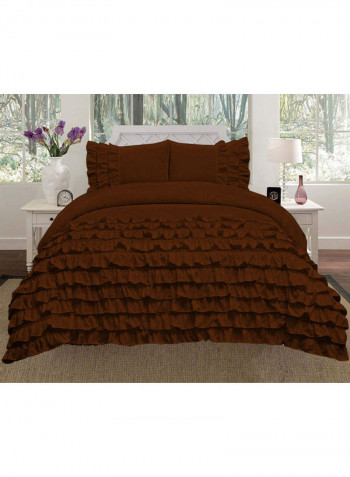 3-Piece Ruffled Duvet Set Cotton Brown 86 X 90inch