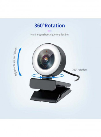 1080P HD Streaming Webcam Computer Video Camera 2 Megapixels Auto Focus 360° Rotation with 3 Levels Adjustable Ring Light Built-in Microphone USB Plug & Play Compatible with Windows Android Mac for Video Meeting Online Teaching Live Webcasting 11.5 x 11.5cm Black