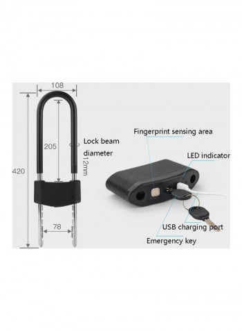 U-Shaped Smart Fingerprint Glass Door Lock Black/Silver