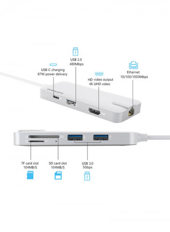 5-Port USB Hub 24.6x5x1.4cm Silver