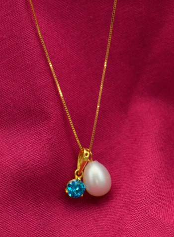 18 Karat Solid Yellow Gold Zircon With 7 mm Pearl Pendant Necklace