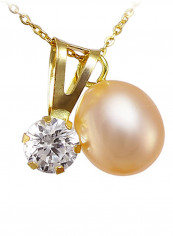 18K Gold Pearl And Cubic Zirconia Solitaire Necklace