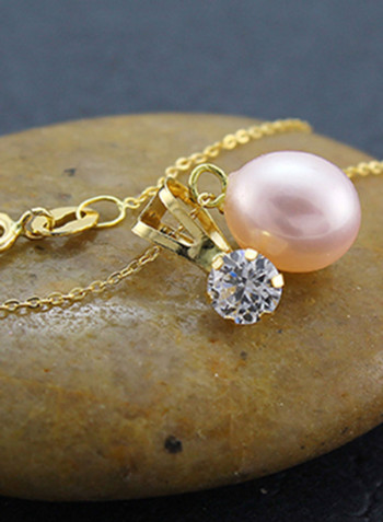 18K Gold Pearl And Cubic Zirconia Solitaire Necklace