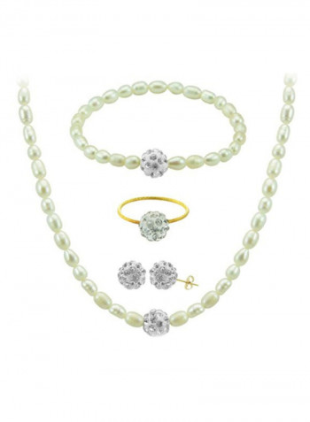 10 Karat Gold Crystal Balls And Pearls Strand Jewellery Set