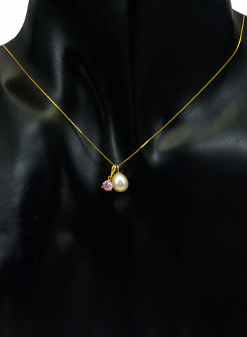 18 Karat Solid Yellow Gold Zircon With 7 mm Pearl Pendant Necklace