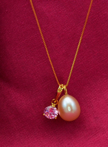 18 Karat Solid Yellow Gold Zircon With 7 mm Pearl Pendant Necklace