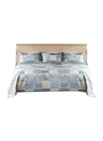 3-Piece Cotton Printed Quilt Set Blue/White/Grey Queen