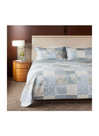 3-Piece Cotton Printed Quilt Set Blue/White/Grey Queen