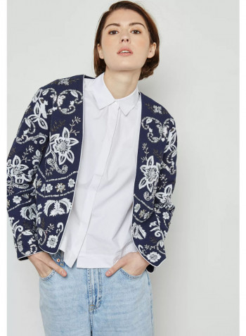 Embellished Open Front Jacket Blue/White/Black