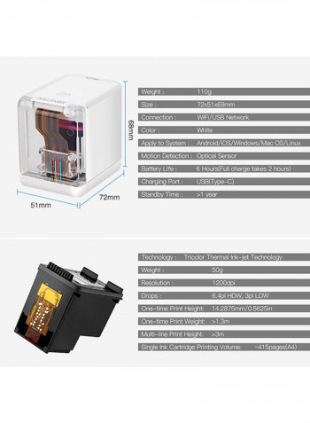 Handheld Portable Printer 68 x 72 x 51millimeter White