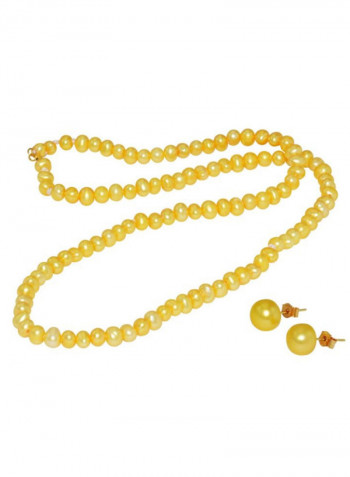 18 Karat Gold Pearl Strand Necklace And Earring Set