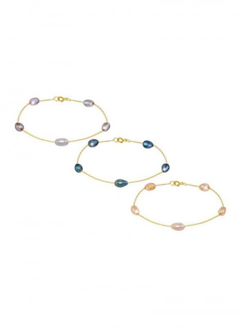 Set Of 3 18 Karat Gold Genuine Pearls Bracelet