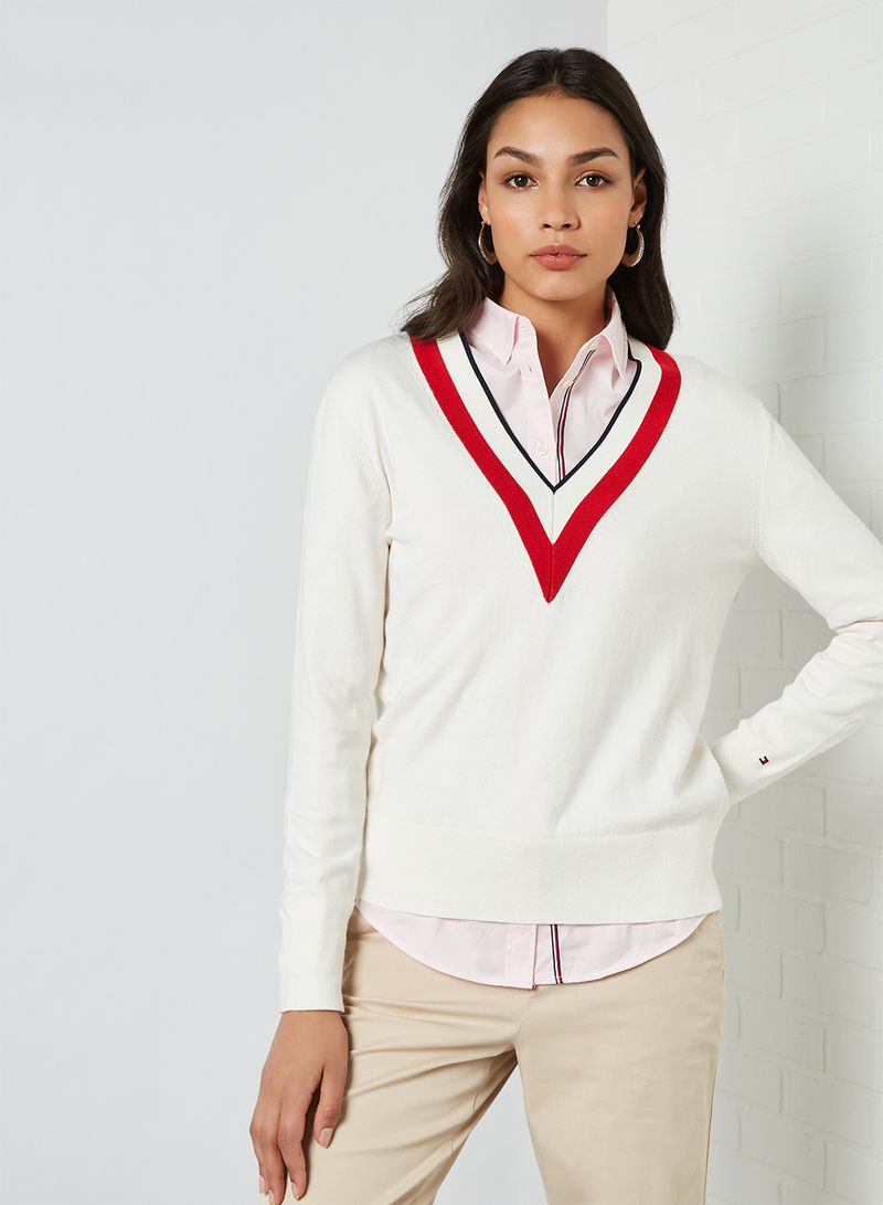 Contrast V-Neck Sweater Ecru